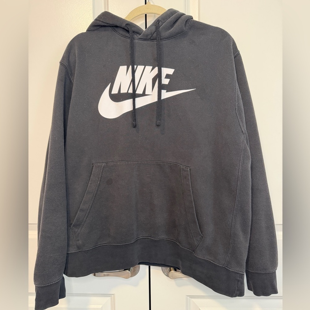 Nike Big Logo Swoosh Pullover Hoodie Black Fleece Kangaroo Pocket Size L